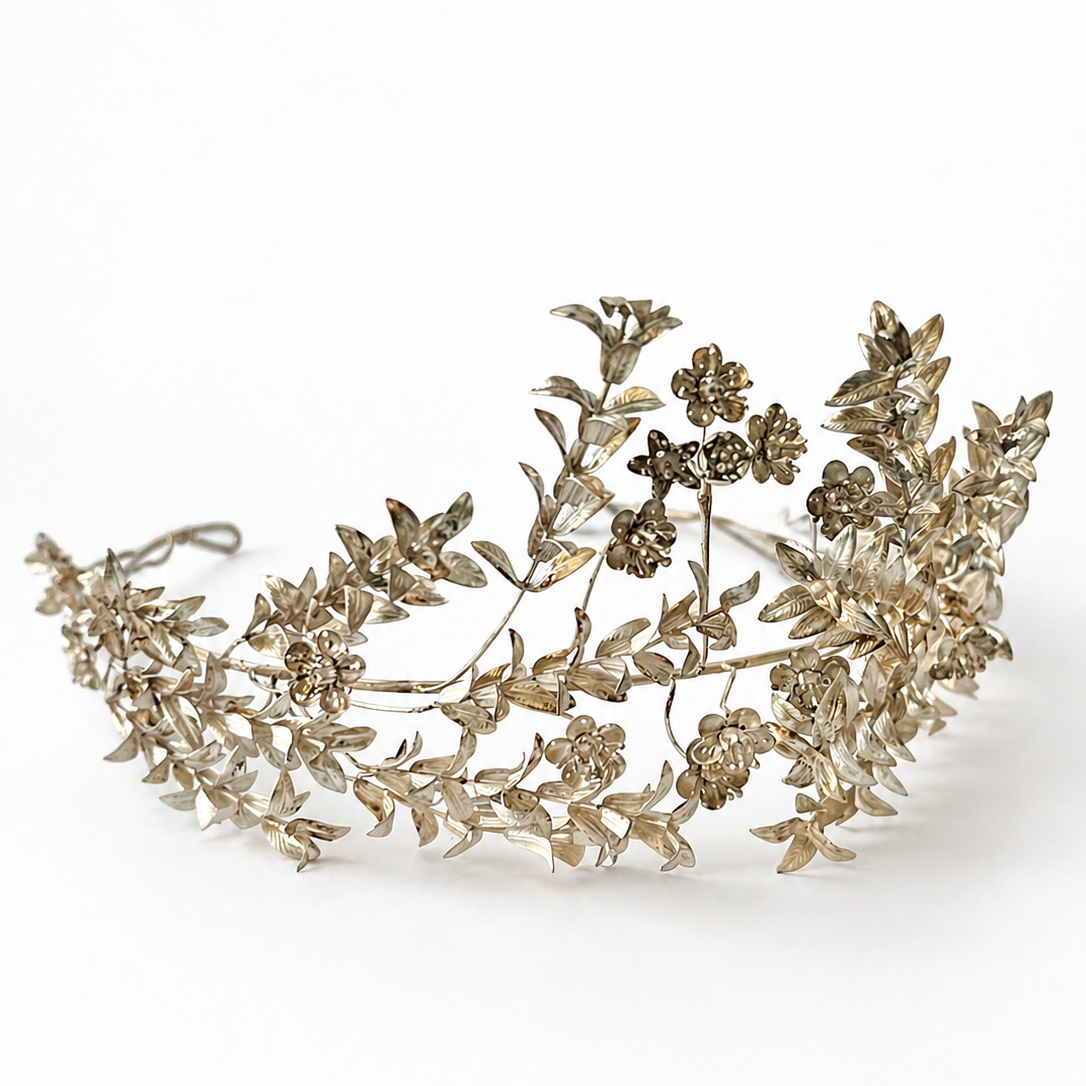 Antique German 800 Silver Myrtle Bridal Crown Tiara With Groom Buttonhole & Original Box
