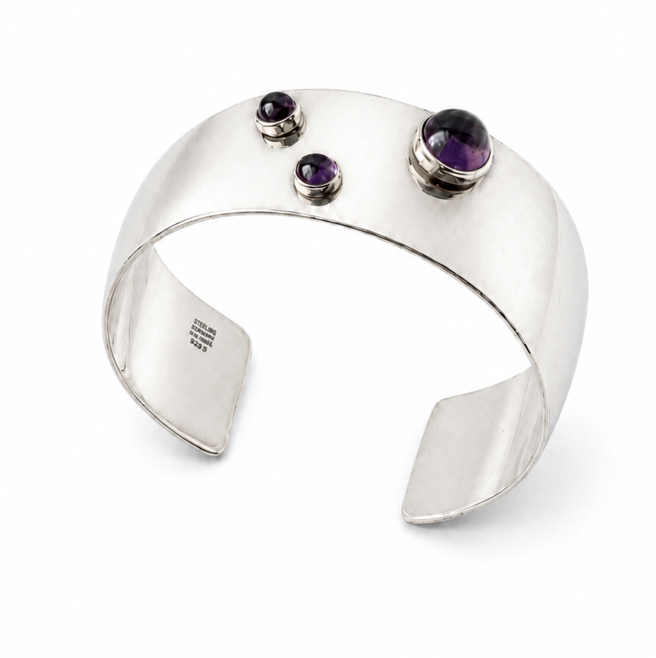 Niels Erik From Scandinavian Sterling Silver Amethyst Cuff Bracelet