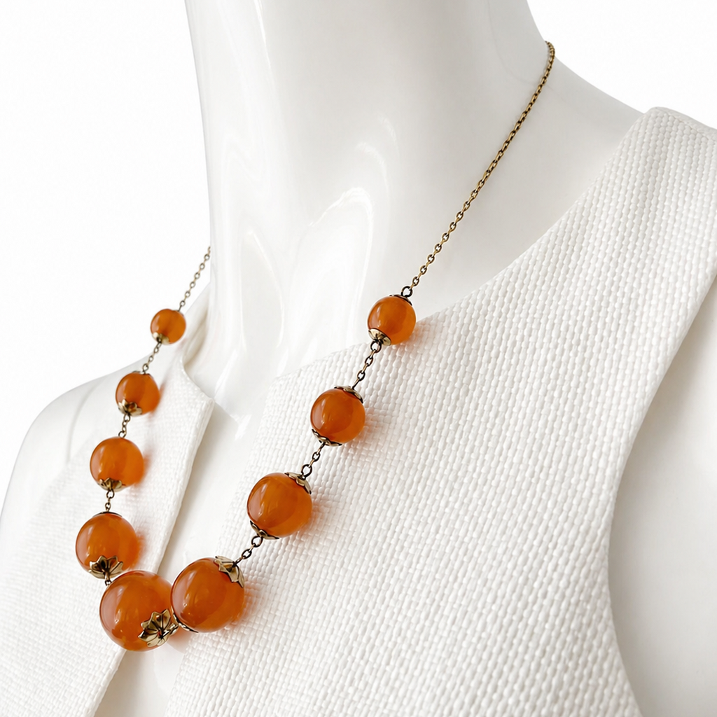 Vintage Soviet Amber Bead Necklace, 875 Silver Gold Plated Chain