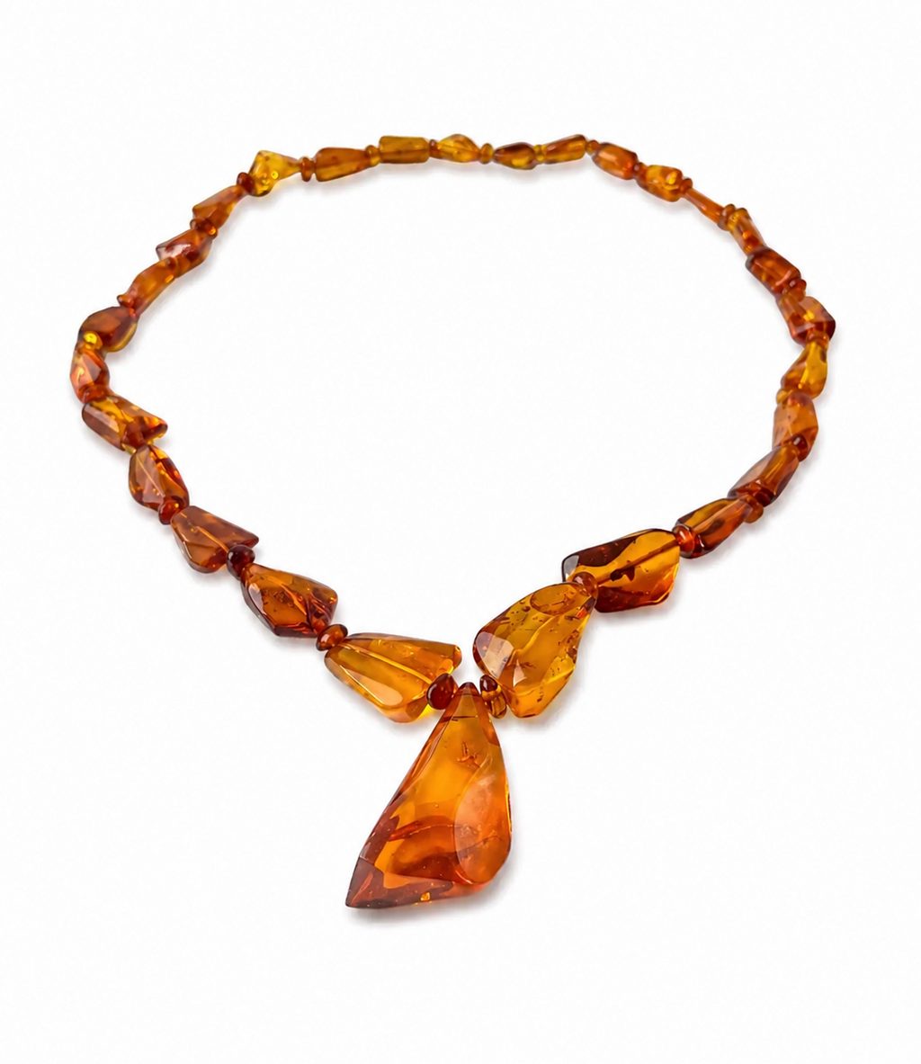 Vintage Natural Amber Necklace With Drop Pendant, Honey Cognac Beads.