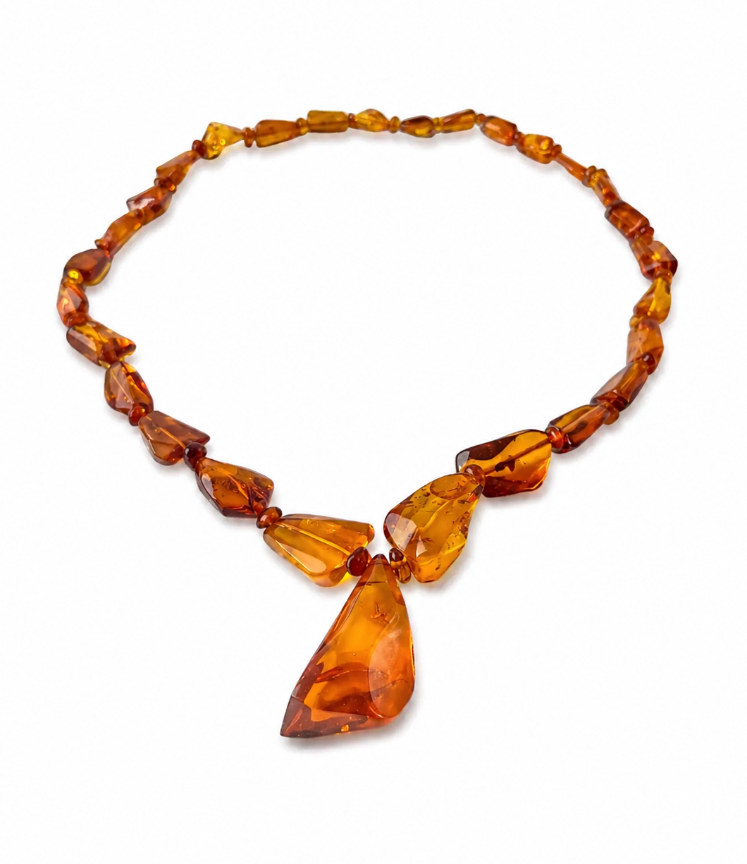 Vintage Natural Amber Necklace With Drop Pendant, Honey Cognac Beads.