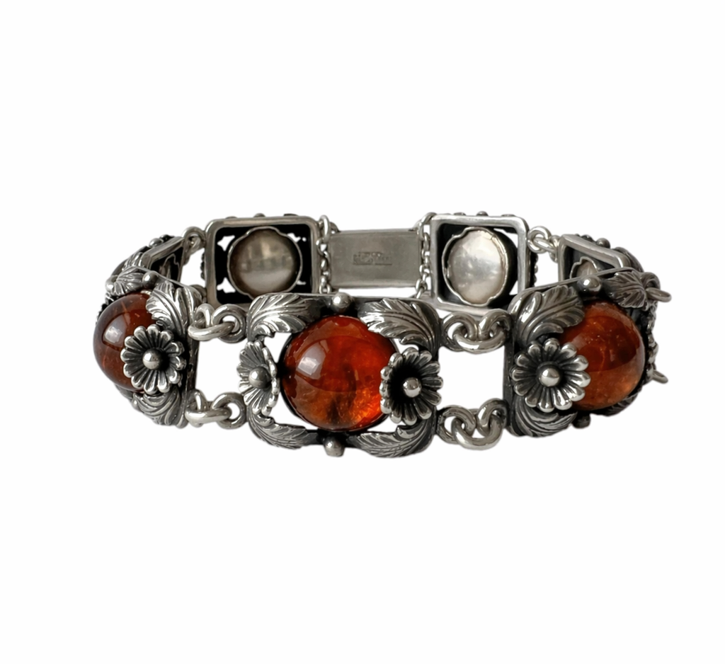 Vintage Baltic Amber Bracelet, Daisy Design, Sterling Silver, Danish Modernist, Niels Erik From