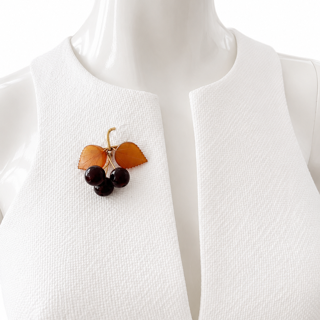 Vintage Amber Cherry Brooch, Soviet Gold Plated Fruit Pin, 1980s USSR Jewellery