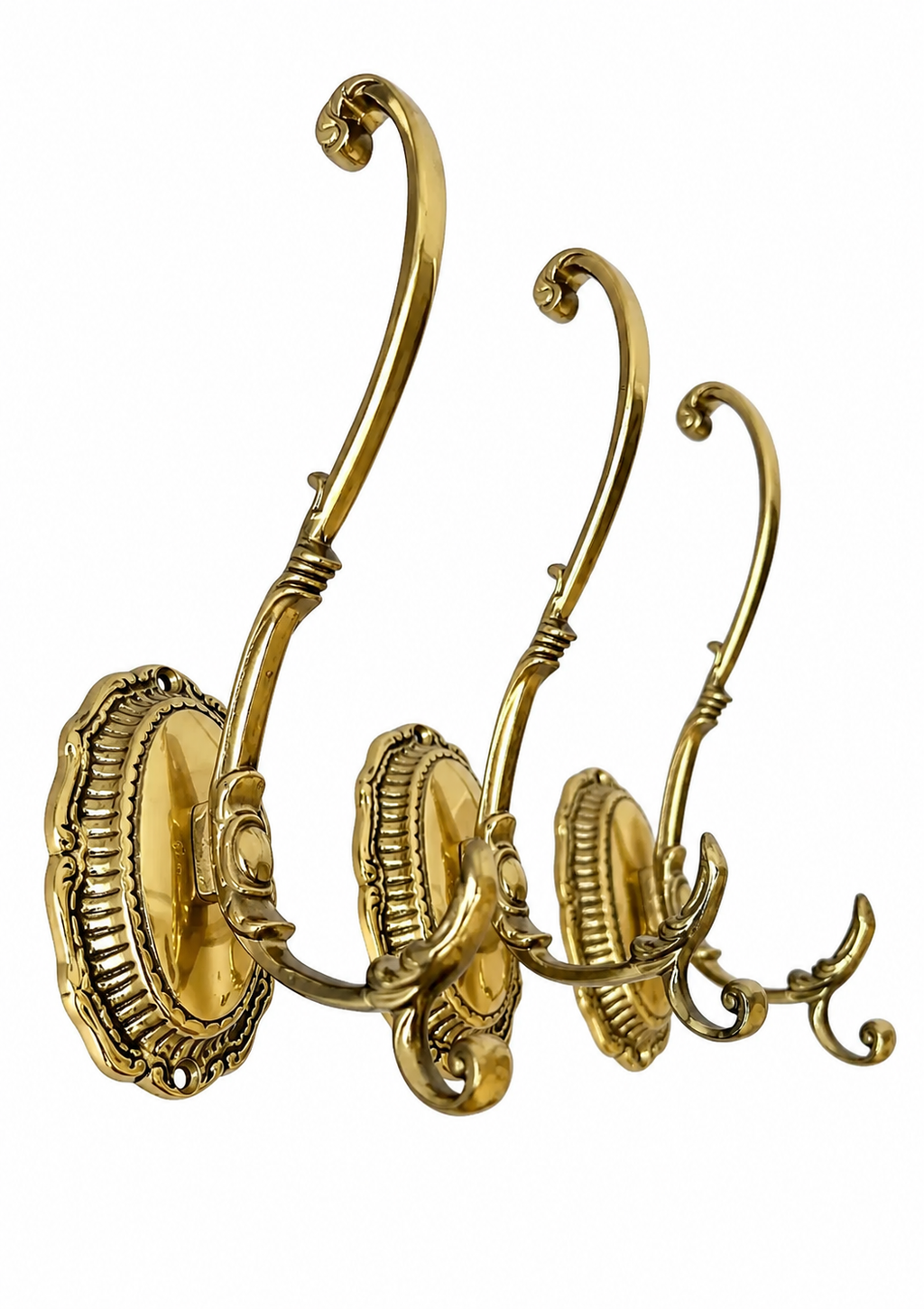 Set of 3 Large Vintage Brass Wall Hooks, Ornate Coat Hat Towel Hangers