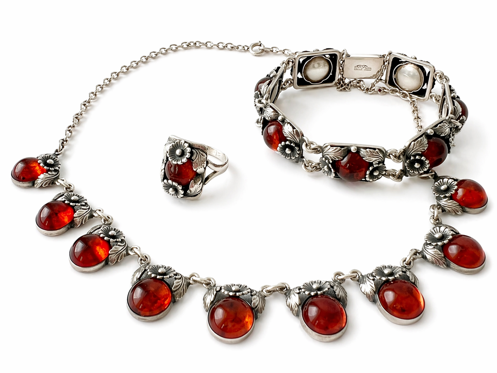 Vintage Baltic Amber Bracelet, Daisy Design, Sterling Silver, Danish Modernist, Niels Erik From
