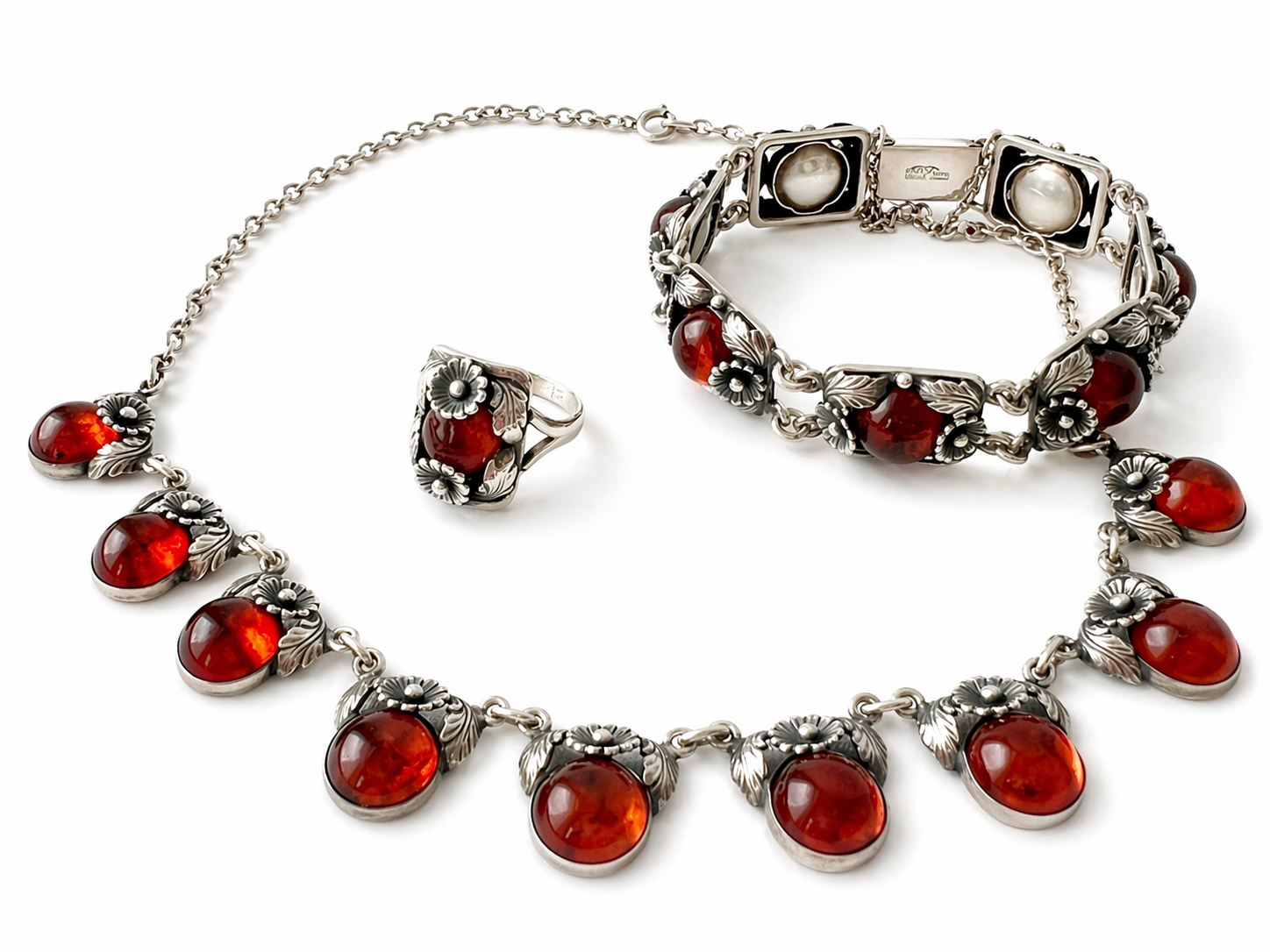 Vintage Baltic Amber Necklace, Daisy Design, Sterling Silver, Danish Modernist, Niels Erik From