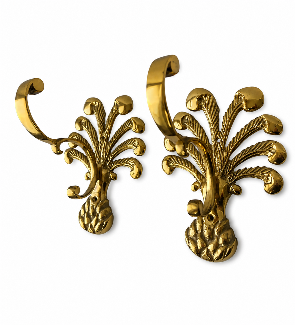 Vintage Set of Two Brass Pineapple Wall Hooks: Ornate Palm Design, Gold Finish