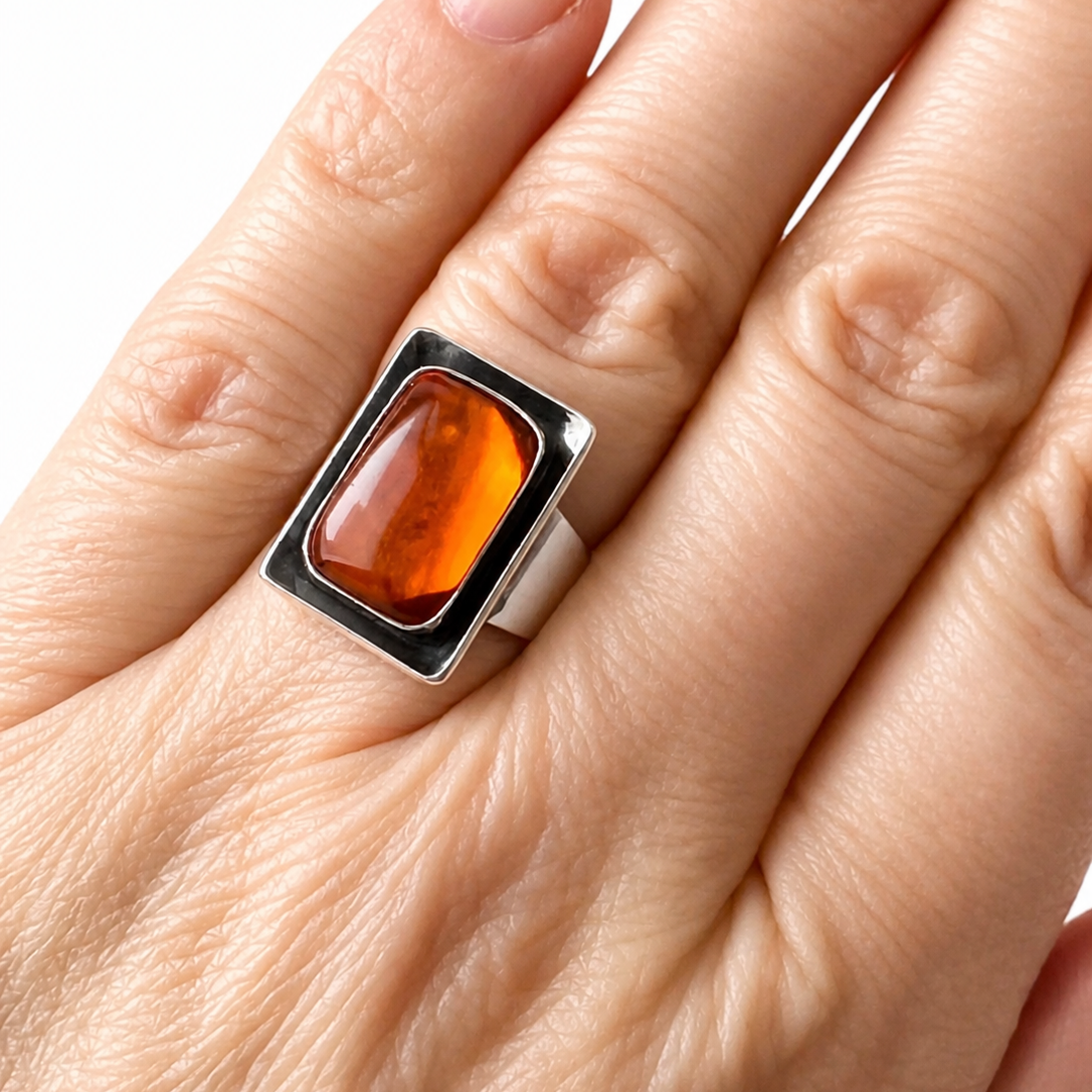Vintage Baltic Amber Ring, Sterling Silver, Danish Modernist, Niels Erik From. UK size: M