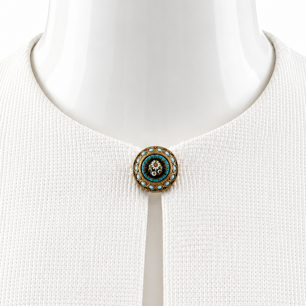 Antique Italian Micro Mosaic Brooch, Turquoise Floral Gilt Pin, Early 20th Century