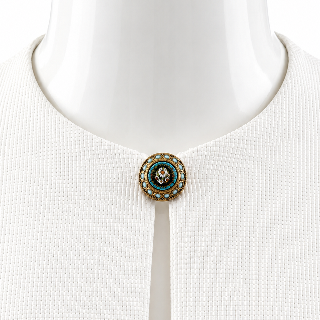 Antique Italian Micro Mosaic Brooch, Turquoise Floral Gilt Pin, Early 20th Century