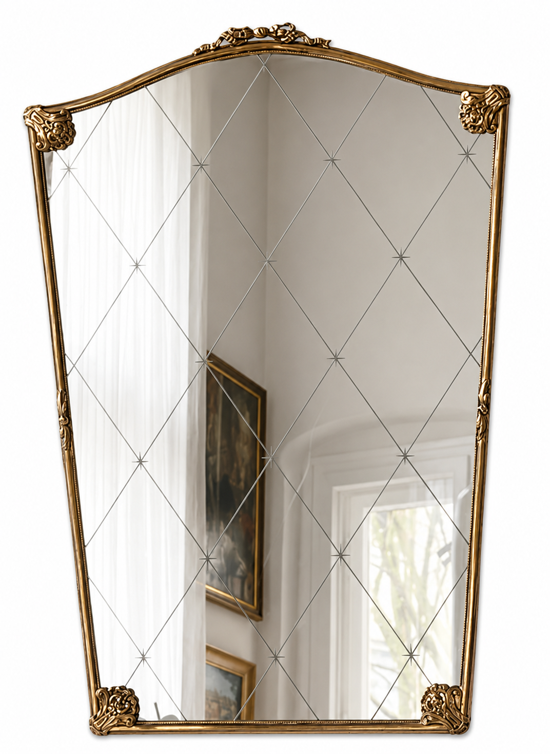 Vintage Bronze Vanity Wall Mirror With Ribbon Frame And Diamond Cut Glass