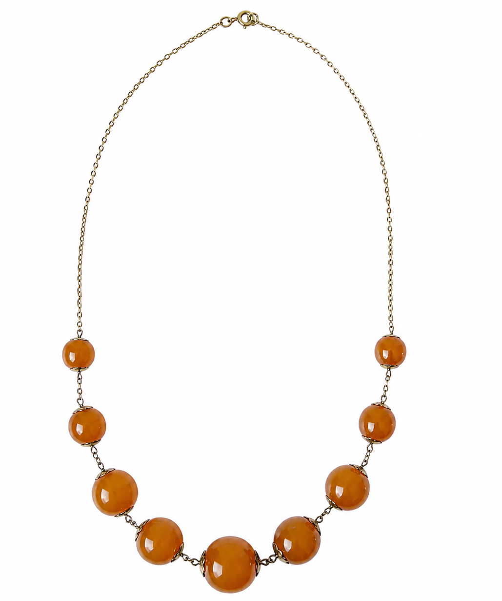 Vintage Soviet Amber Bead Necklace, 875 Silver Gold Plated Chain