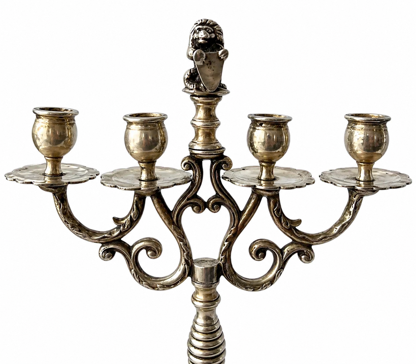 Antique Silver Plated Candelabra Pair, Heraldic Lion Gothic Candle Holders