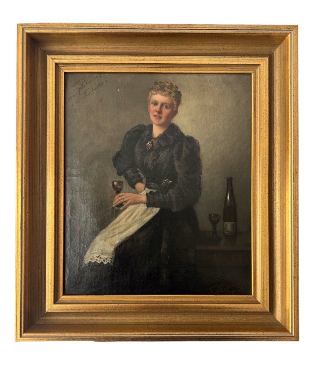 Antique Oil Painting: German Portrait of a Lady with Wine Glass by Fanny Retemeyer