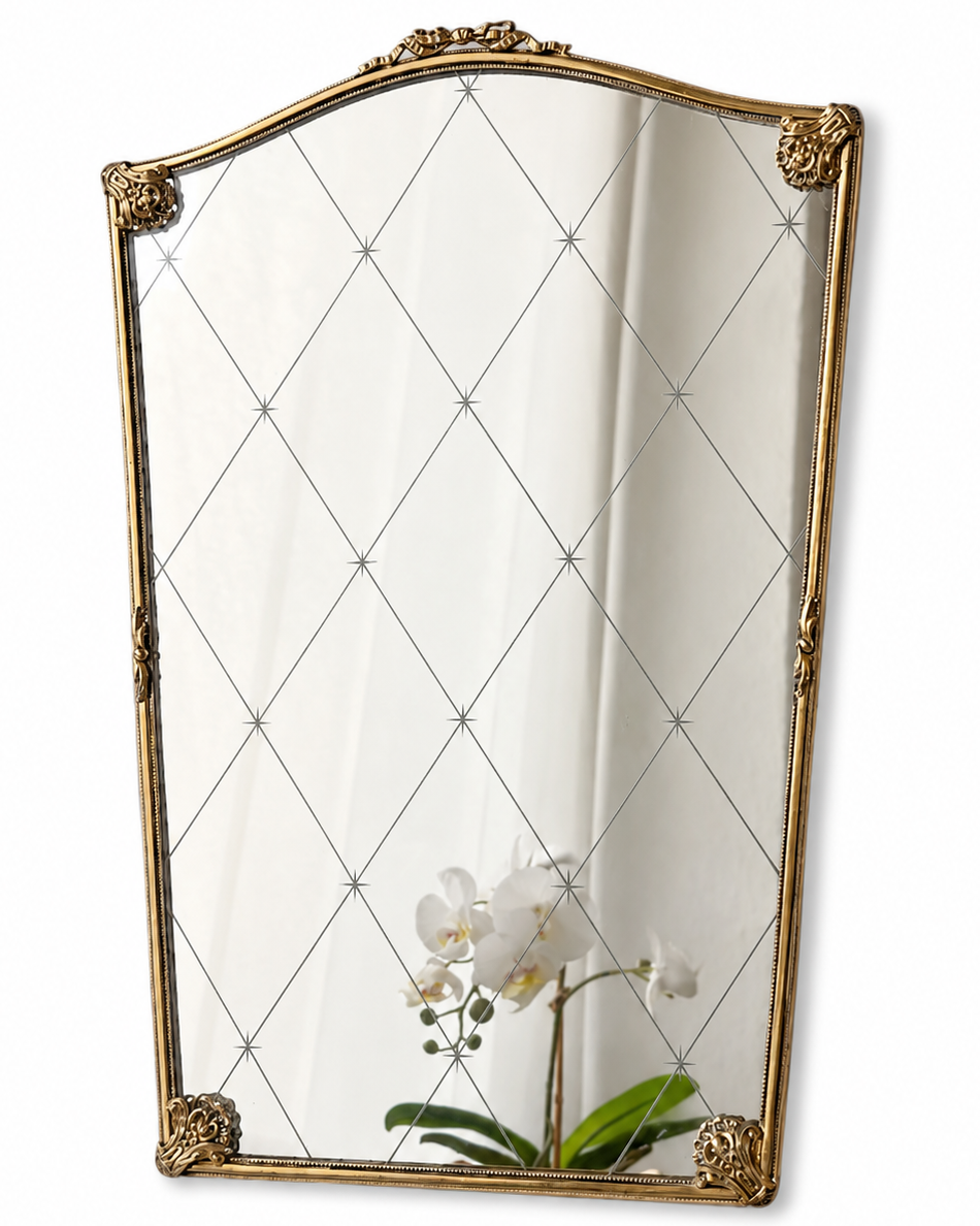 Vintage Bronze Vanity Wall Mirror With Ribbon Frame And Diamond Cut Glass