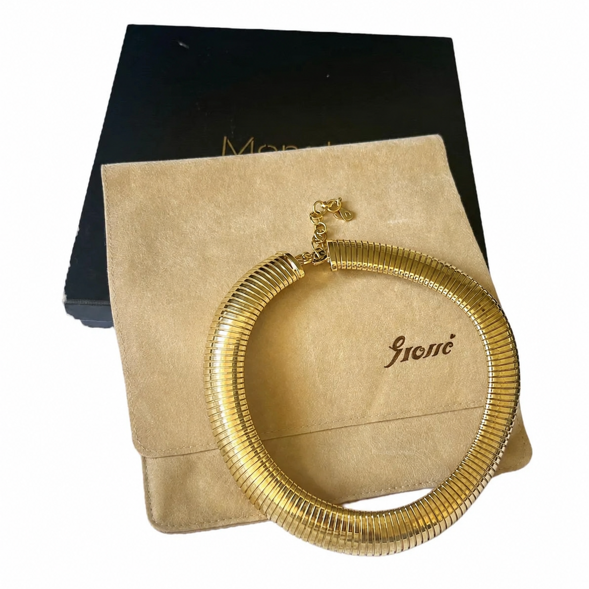 Vintage Christian Dior Omega Choker Necklace Gold Plated Metal Signed Chr. Dior Grosse Boxed
