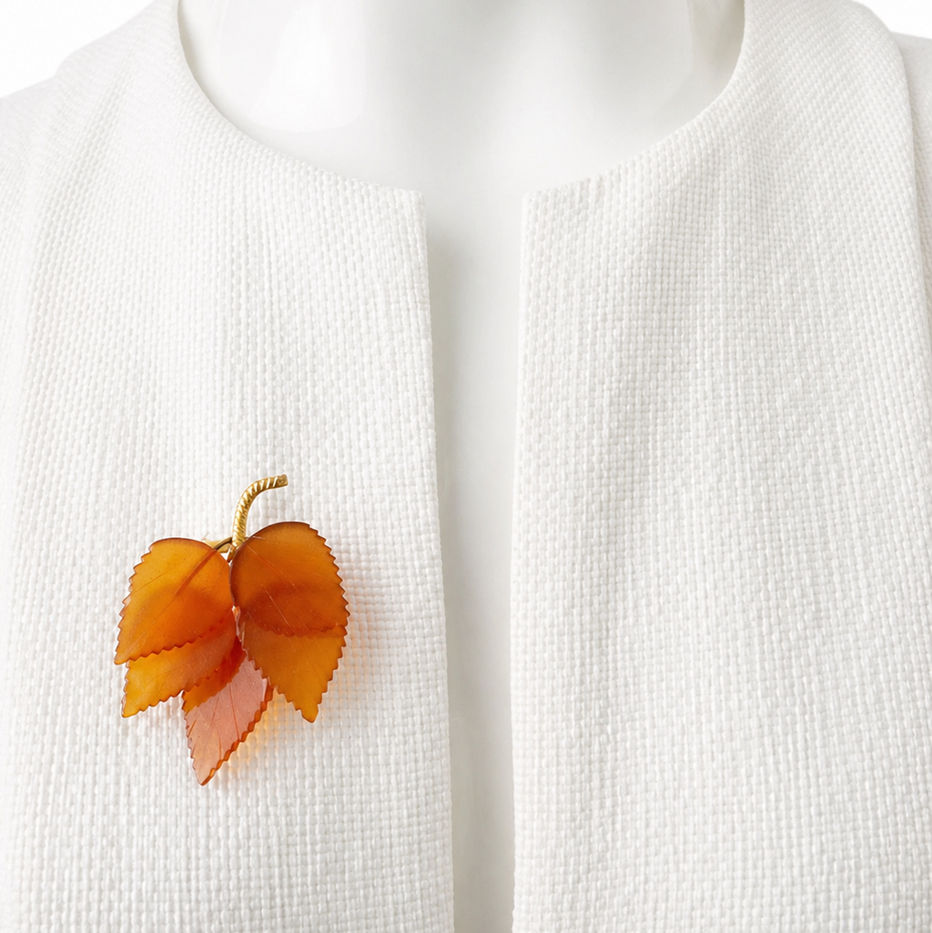 Vintage Baltic Amber Leaf Brooch, Kaliningrad Amber Combine 1980s Gold Plated Pin