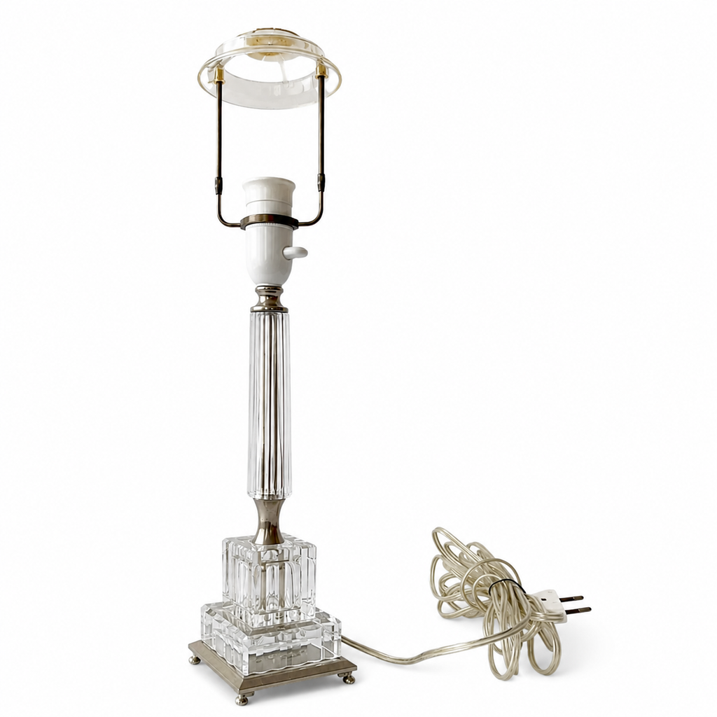 Vintage German Crystal Column Table Lamp, 1960s Neoclassical Glass Lamp With Silver Metal Details