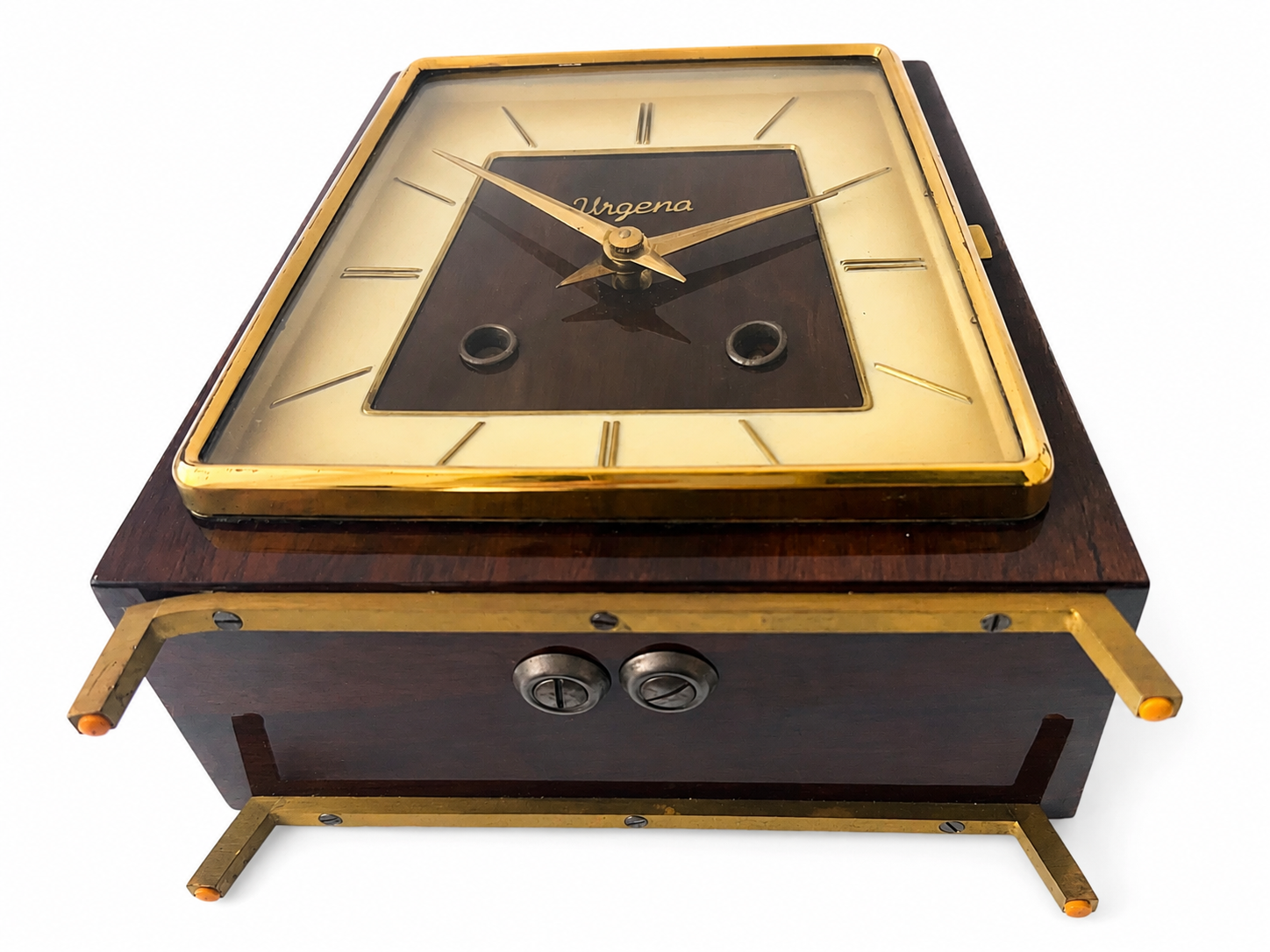 Vintage Urgena Kienzle Desk Clock, Wooden Brass Mid Century Mantel Clock