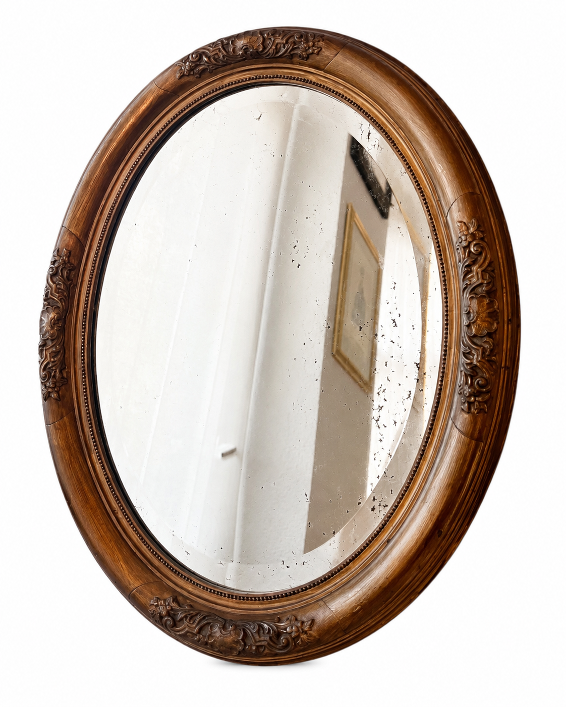 Antique Oval Gilded Wooden Beveled Mirror, Early 20th Century