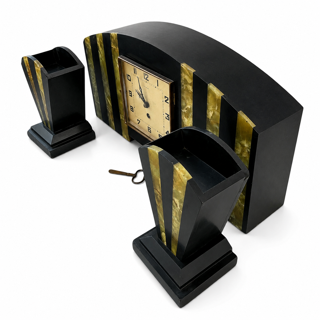 French Art Deco UCRA Marble Onyx Mantel Clock With Side Garnitures, 1920s 1930s