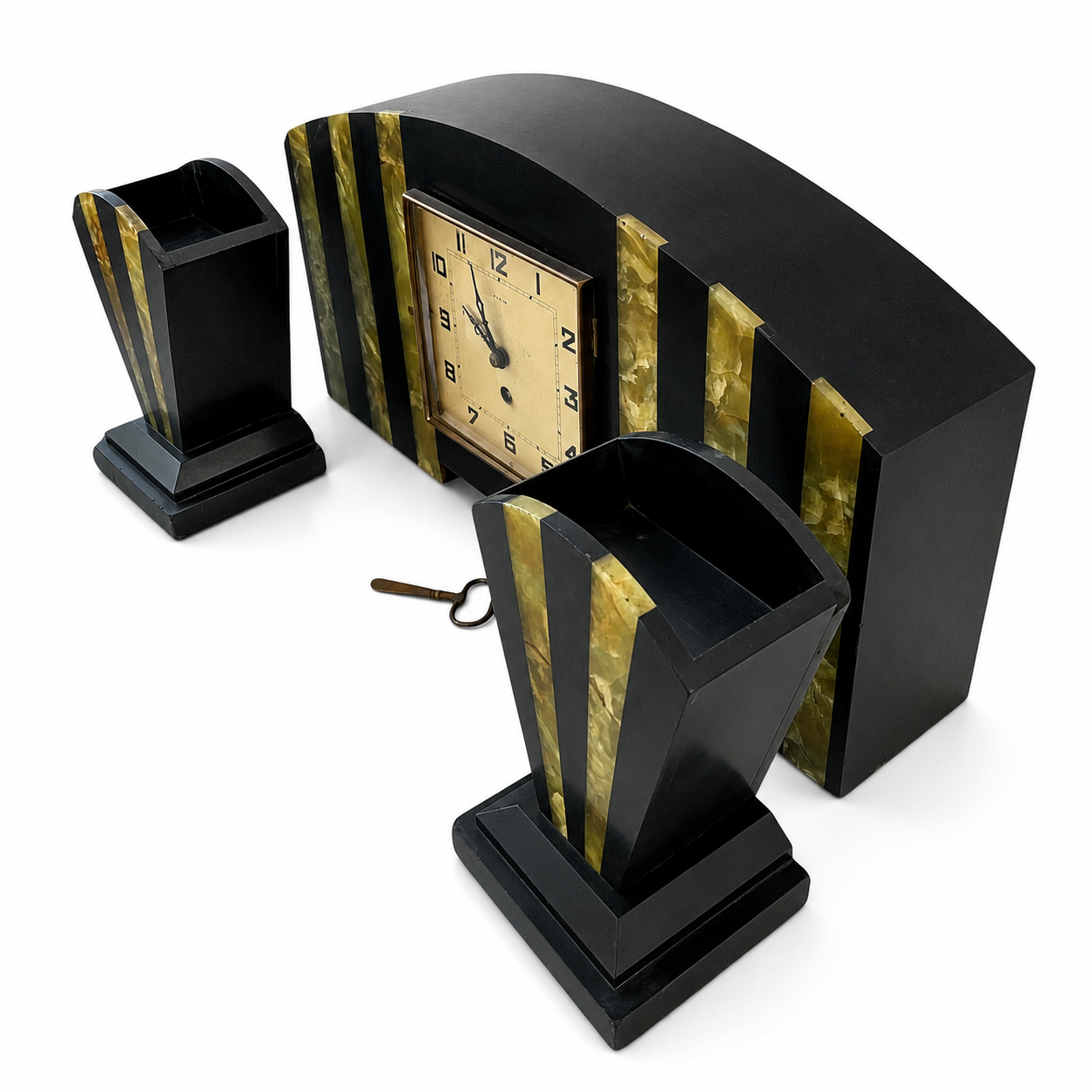 French Art Deco UCRA Marble Onyx Mantel Clock With Side Garnitures, 1920s 1930s