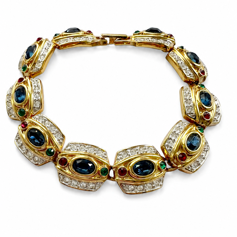 Vintage Gold Tone Multicolour Rhinestone Bracelet, Signed Statement Costume Jewellery