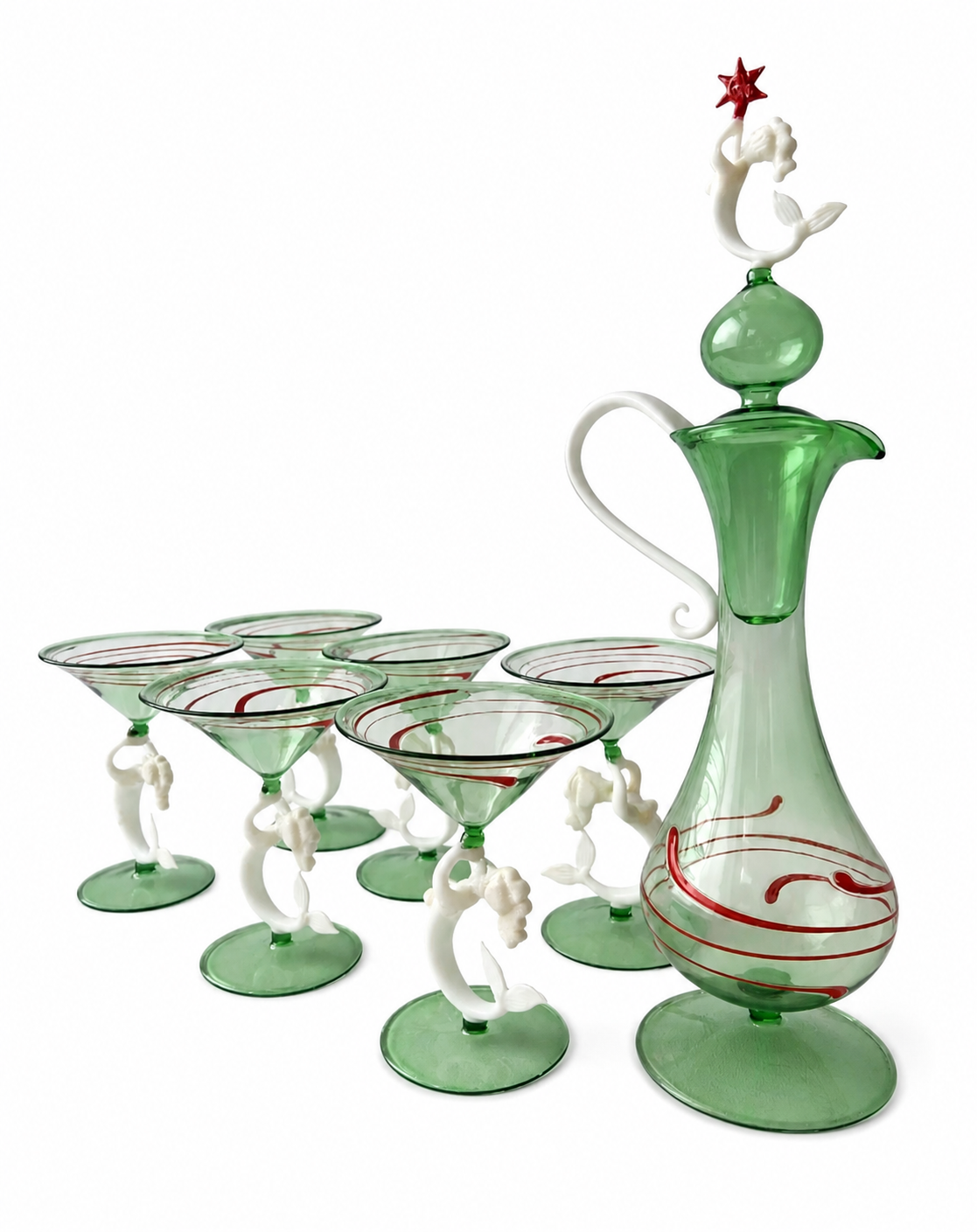 Lauscha Mermaid Glass Decanter Set, German Art Deco Green Glass Stemware, Circa 1900s