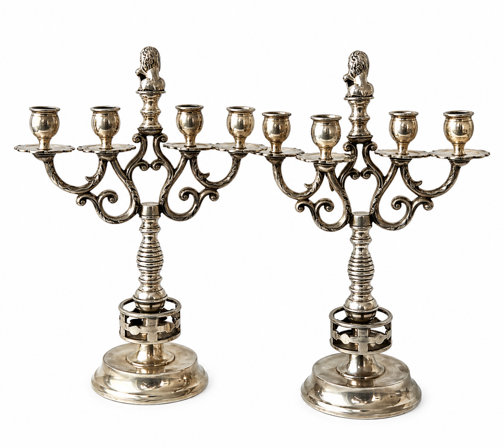 Antique Silver Plated Candelabra Pair, Heraldic Lion Gothic Candle Holders