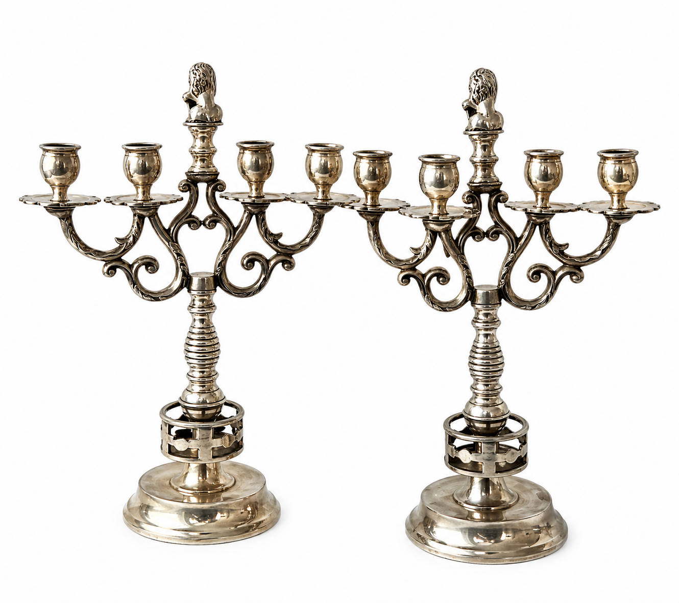 Antique Silver Plated Candelabra Pair, Heraldic Lion Gothic Candle Holders