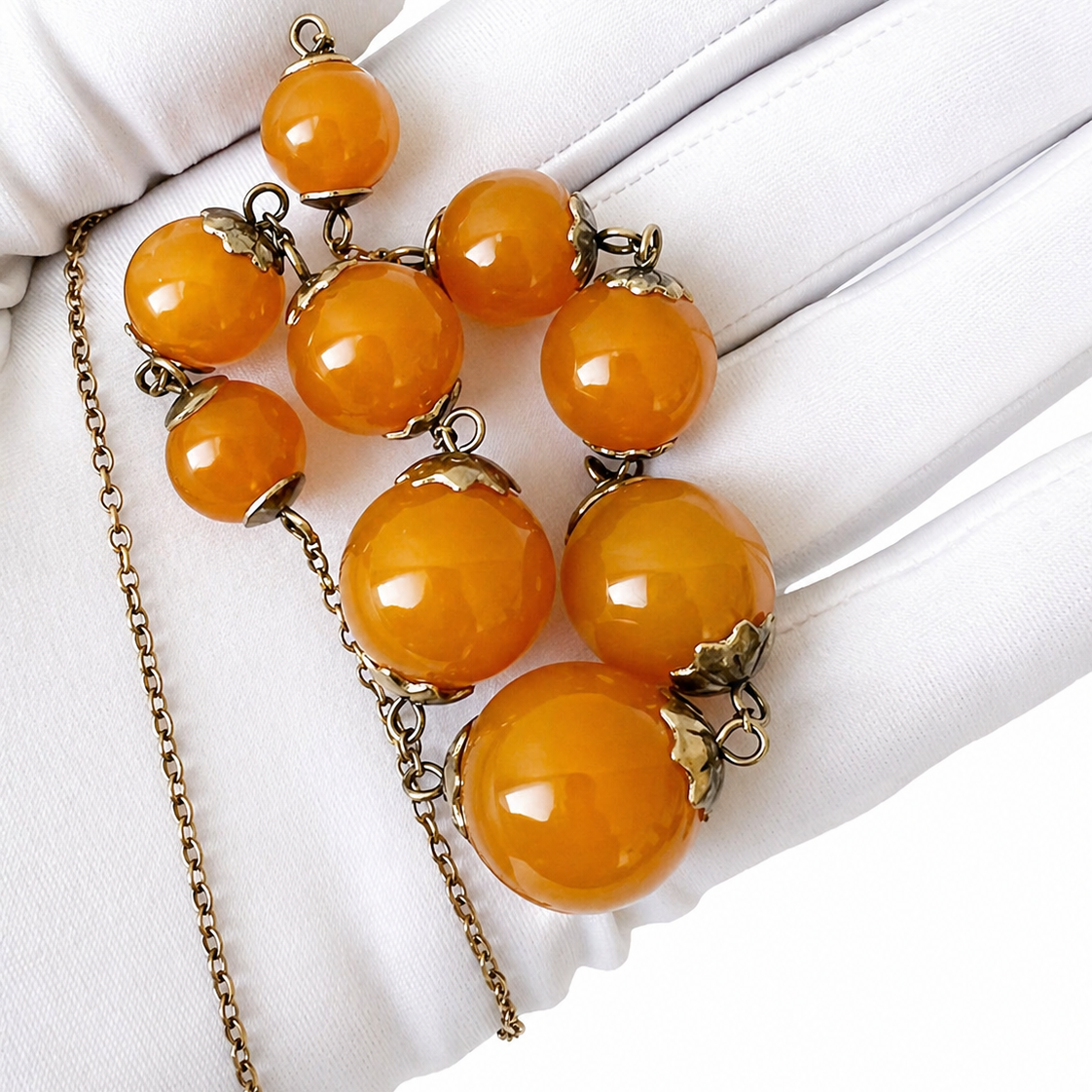 Vintage Soviet Amber Bead Necklace, 875 Silver Gold Plated Chain