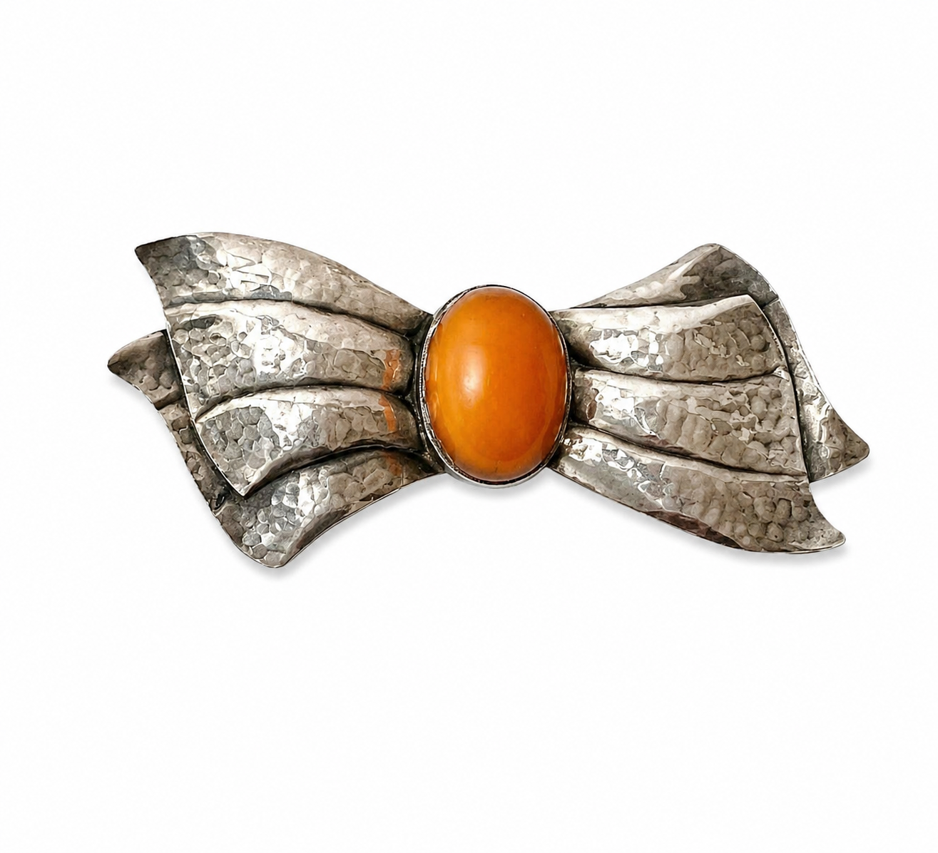 Vintage Silver Bow Brooch Baltic Amber Cabochon