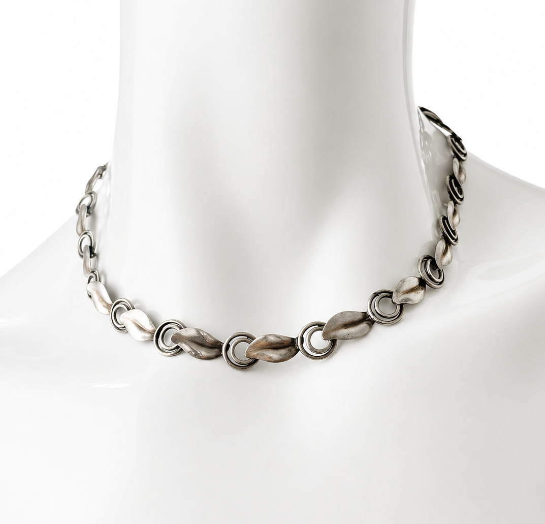 Vintage TEKA 835 Silver Choker Necklace, 1950s Theodor Klotz Leaf Link Necklace