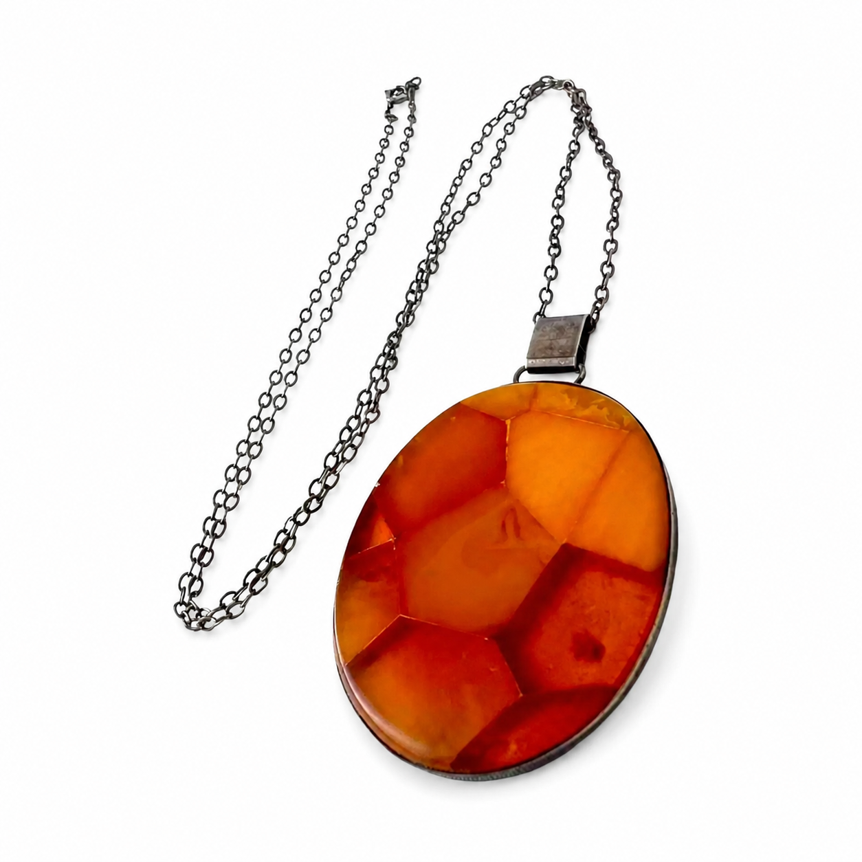 Vintage Fischland Amber Mosaic Pendant Necklace 835 Silver Mid Century Germany