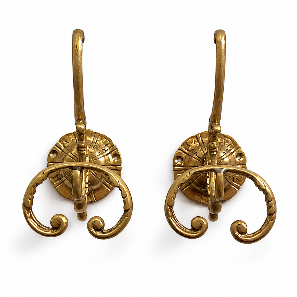Pair Large Ornate Brass Wall Hooks, Vintage Coat Hat Towel Hangers