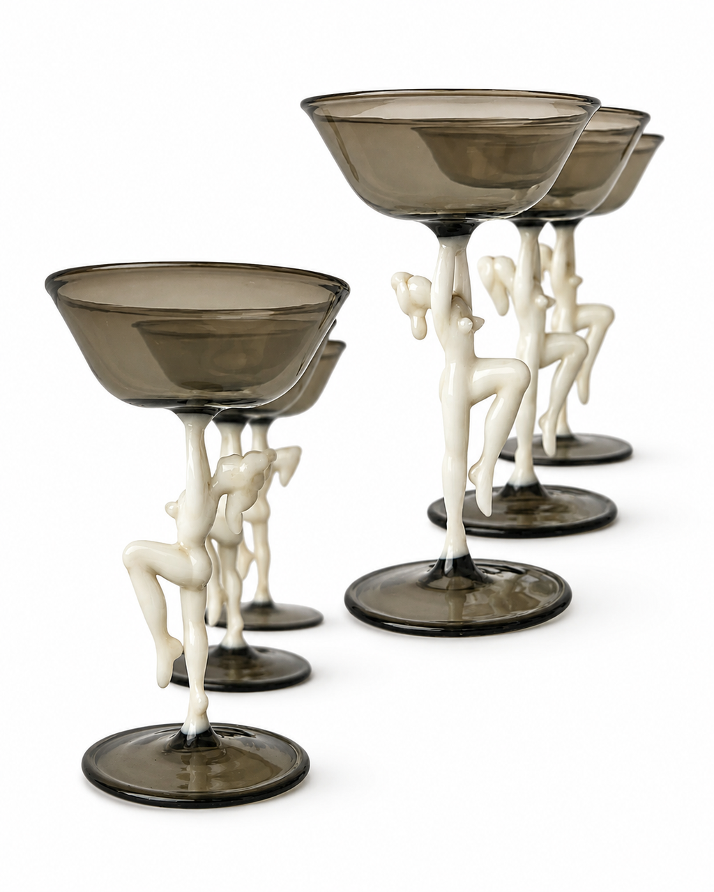 Art Deco Smoky Glass Cordial Set, Attributed Bimini Decanter And Six Figural Stem Glasses, Fritz Lampl, 1920s