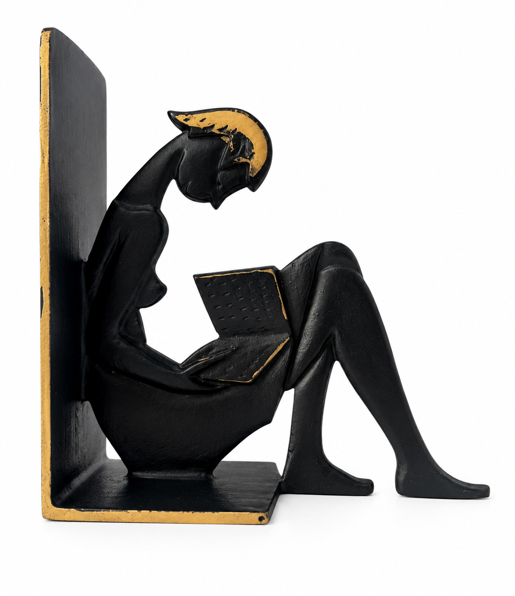Vintage 1950s Brass Reading Girl Bookends, Black And Gold Mid Century Bookends