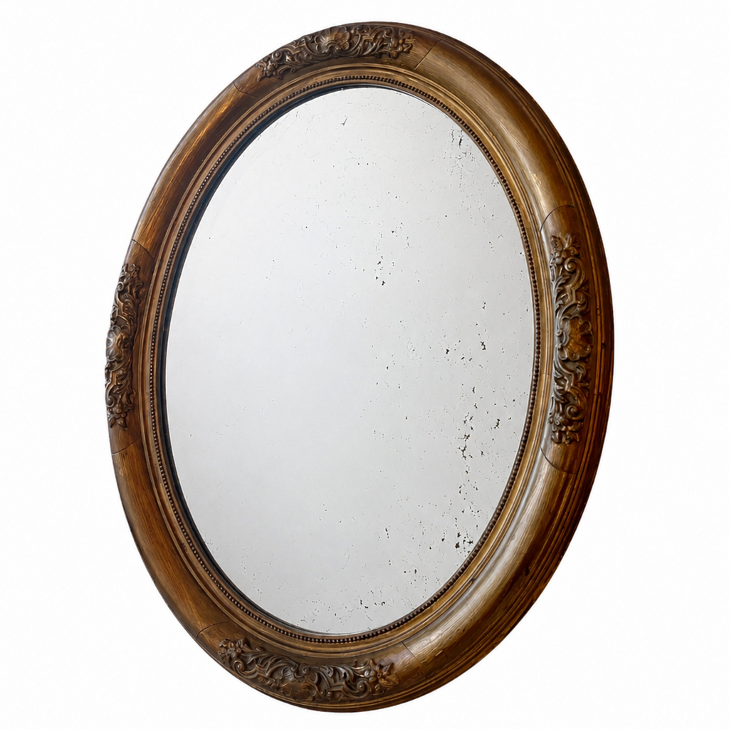 Antique Oval Gilded Wooden Beveled Mirror, Early 20th Century