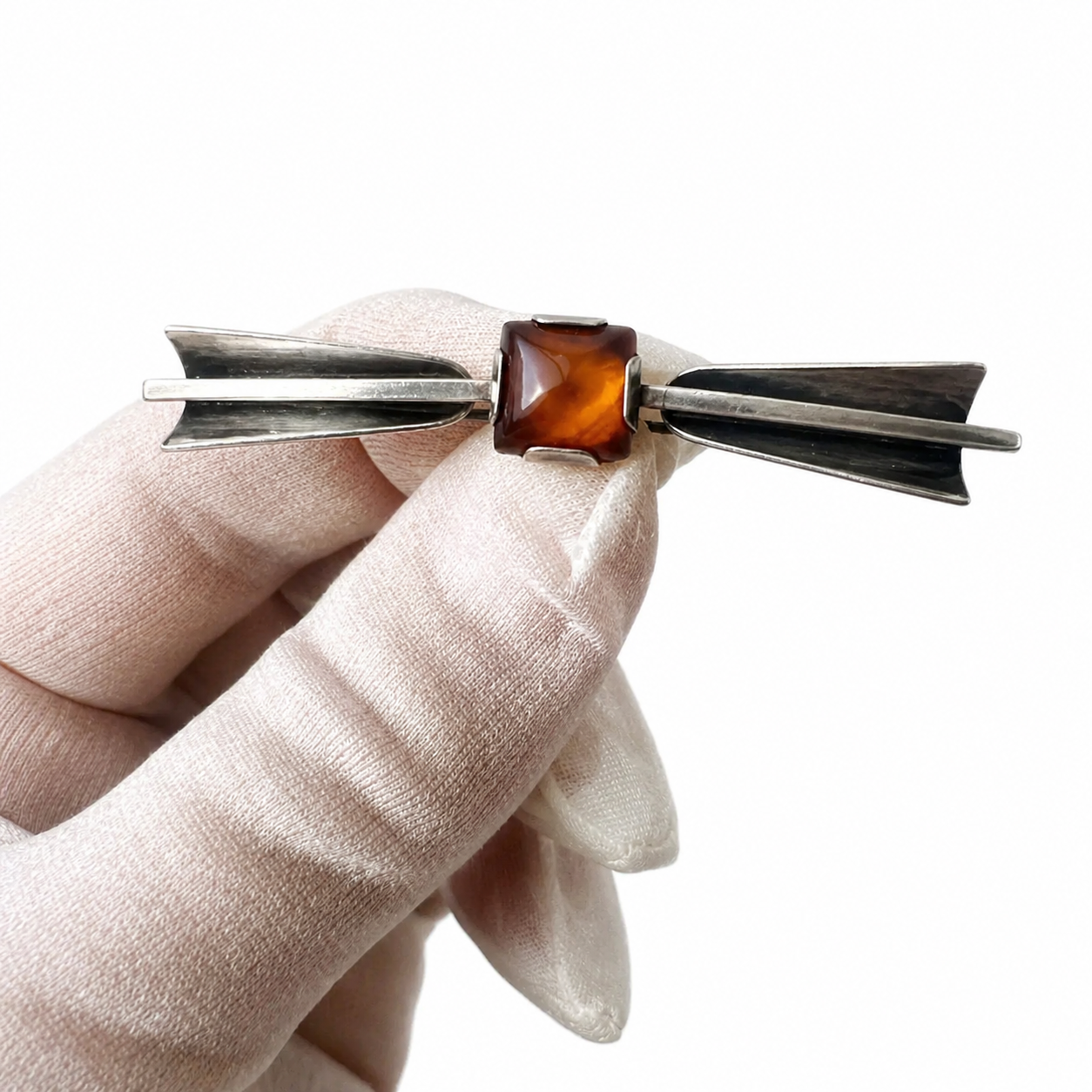Vintage Silver Amber Bar Brooch Scandinavian Modernist Bow Pin