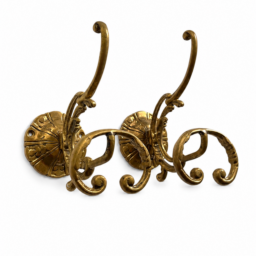 Pair Large Ornate Brass Wall Hooks, Vintage Coat Hat Towel Hangers