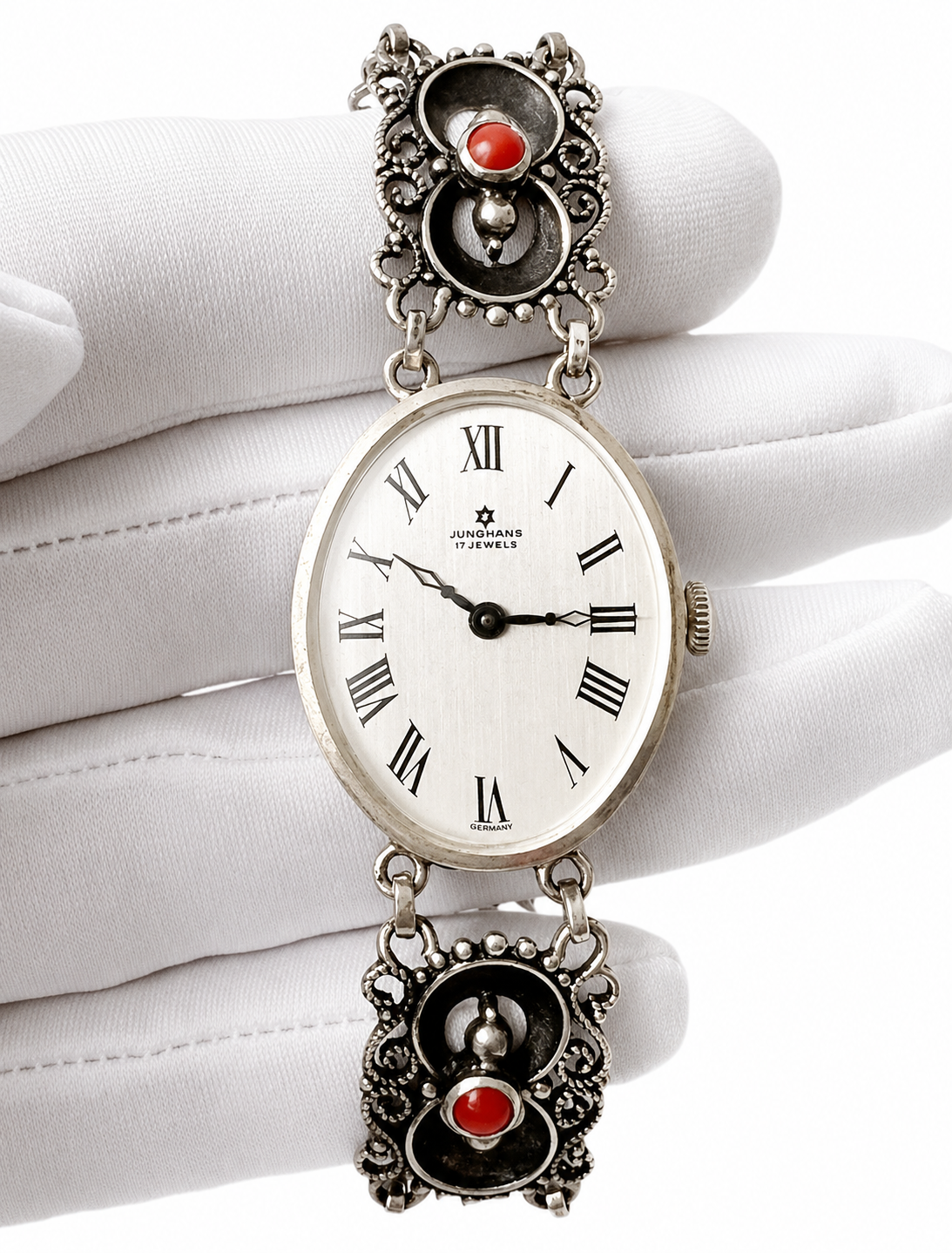 Vintage Junghans 835 Silver Coral Bracelet Watch, 17 Jewels Hand-Wound Germany