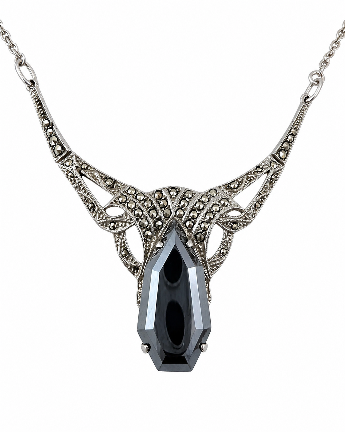 Antique Art Deco 800 Silver Marcasite Hematite Necklace 1920s