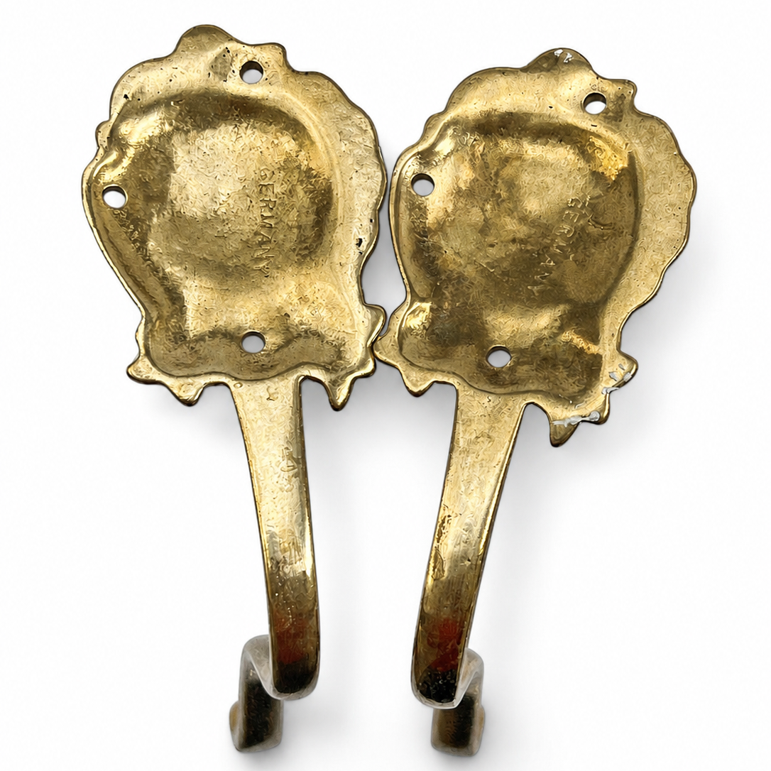 Pair Ornate Brass Wall Hooks, Vintage German Coat Hat Hangers