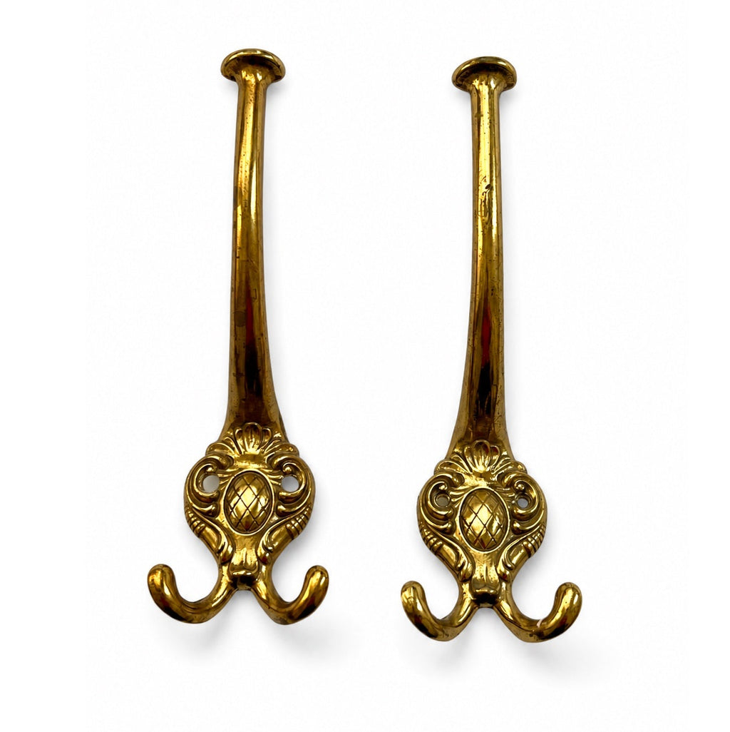 Pair Vintage Double Brass Wall Hooks, Ornate Coat Hat Hangers