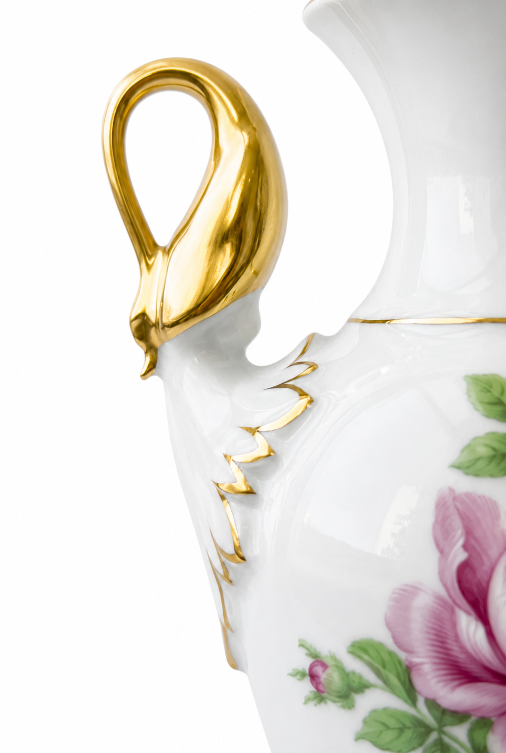 AK Kaiser Amphora Vase, Moss Rose Porcelain Swan Handle Vase, 24K Gold, West Germany
