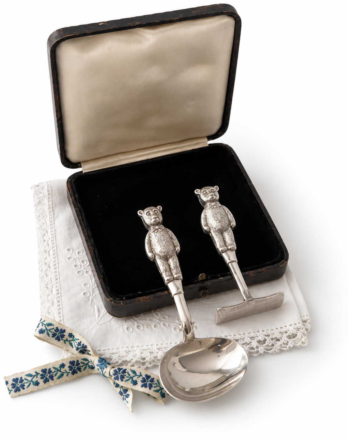 Vintage Silver Plated Teddy Bear Baby Spoon And Food Pusher Set In Original Box