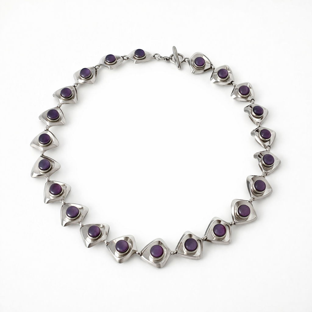 Danish Modernist Sterling Silver Amethyst Necklace by Hermann Siersbøl 1960s.