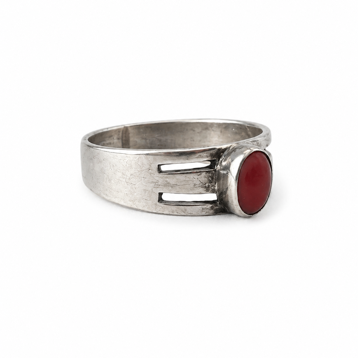 Vintage 835 Silver Red Coral Ring, Modernist Split Band, Size US 6 UK L½