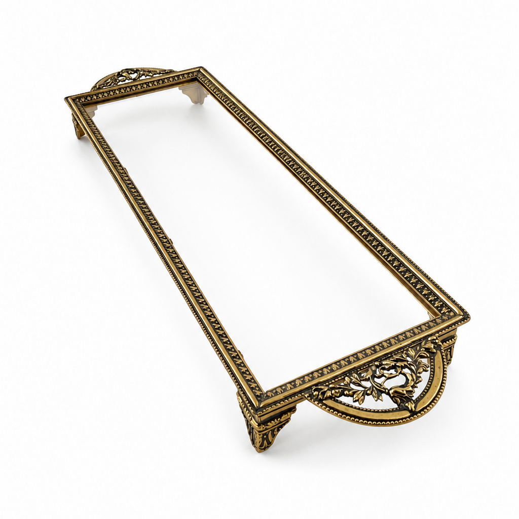 Vintage Brass Vanity Set With Glass Tray And Round Beveled Dressing Table Mirror