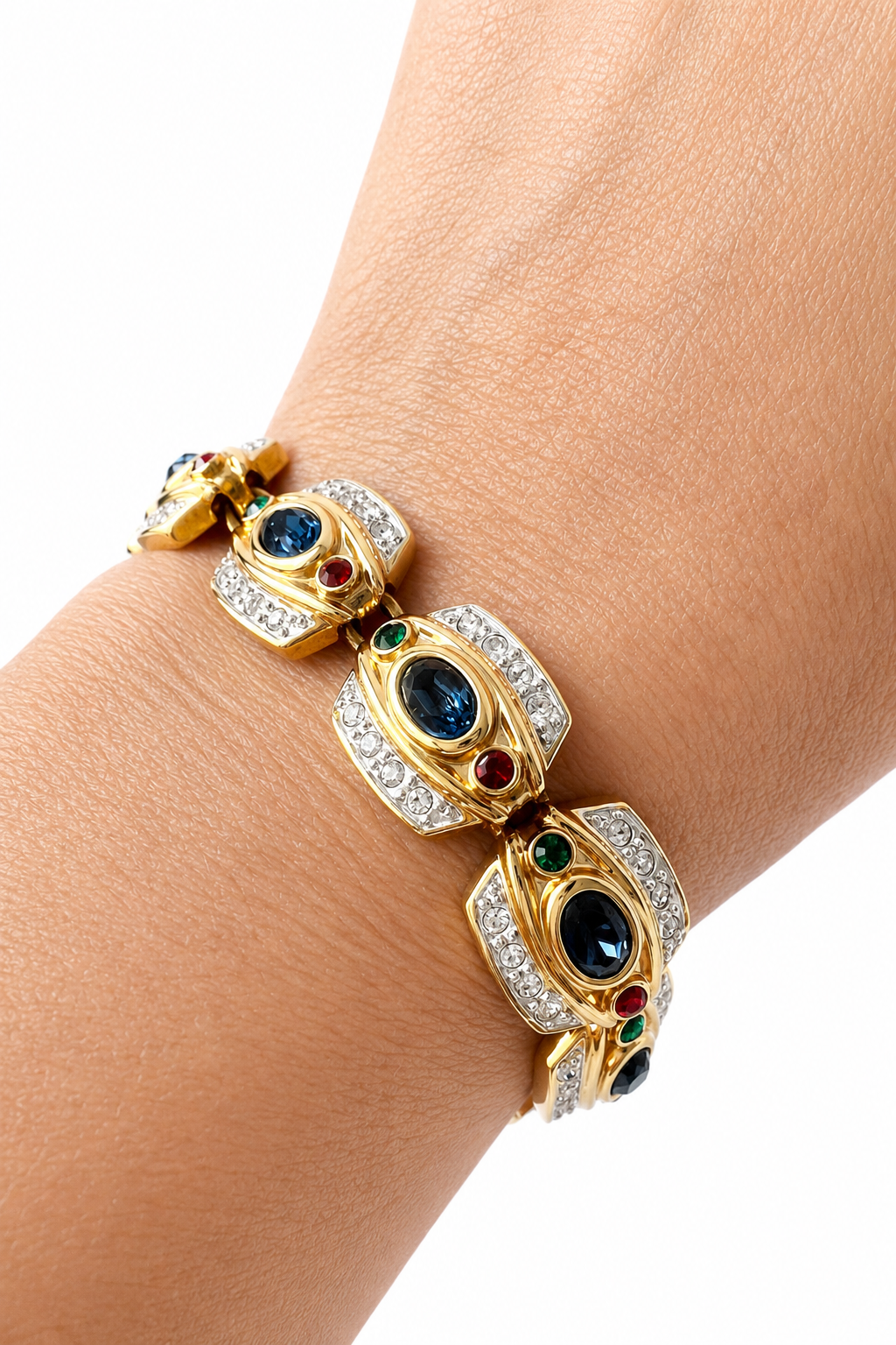 Vintage Gold Tone Multicolour Rhinestone Bracelet, Signed Statement Costume Jewellery